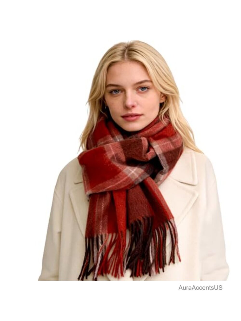 Checkered Plaid Winter Scarf Shawl Wrap with Tassels, Long Cashmere Feel, Unisex